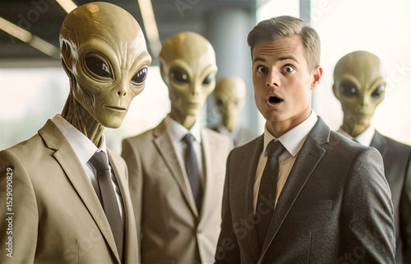 Fototapeta A businessman has the impression he ist doing business with aliens - symbolic picture for strange people in business