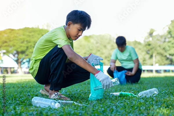 Fototapeta An Asian boy is a student in the Environmental Club and his friends help collect and sort waste plastic water bottles and glass bottles for recycling or reuse. In the concept of saving the world.