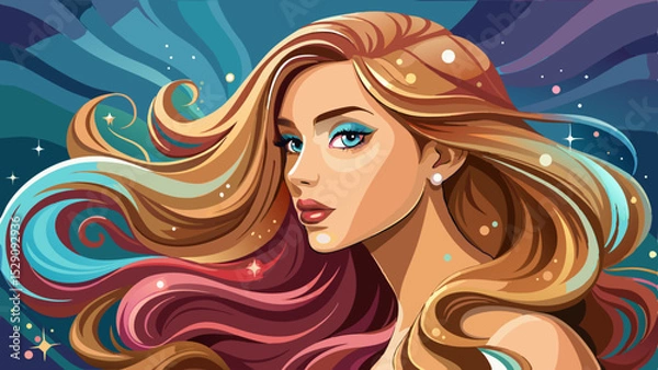 Fototapeta Model girl in profile with long shiny wavy hair. Her curly hairstyle sparkles with beauty and elegance. This beautiful woman embodies soft fashion, luxurious makeup, and modern cosmetics style.

