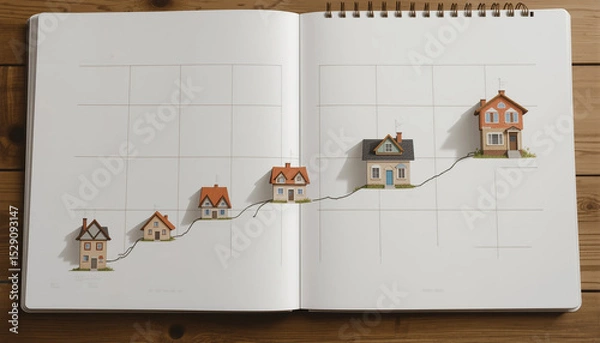 Fototapeta real estate property ladder concept - house models on a graph in a notebook