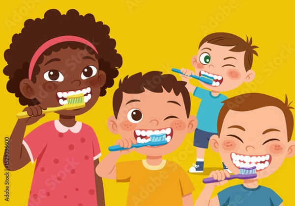 Fototapeta Four cartoon kids are winking while brushing teeth with toothbrushes
