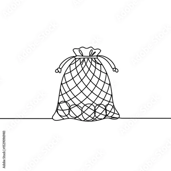 Obraz Line art of a drawstring bag filled with circular objects on a surface  
