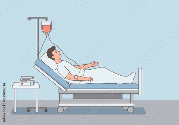 Fototapeta Man in hospital bed with IV drip resting