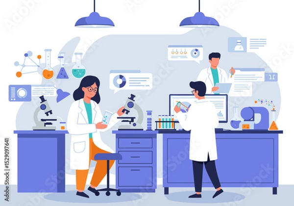 Fototapeta Scientists in a lab setting with microscopes flasks test tubes data displays and lab coats