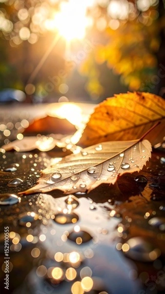 Fototapeta Close-up of raindrops falling on leaves or puddles