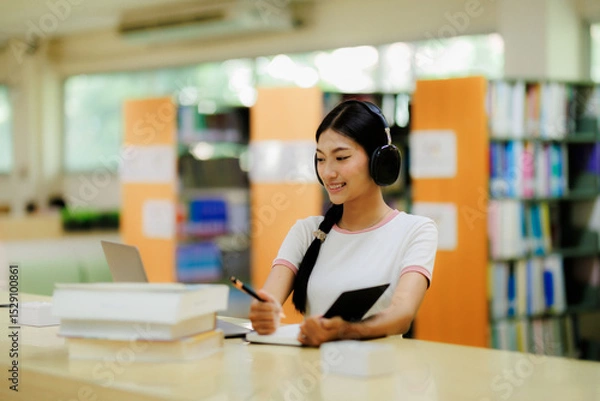 Fototapeta An Asian female student spends her free time outside the classroom studying in the library, aiming to expand her knowledge and enhance her academic skills.