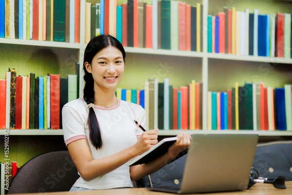 Fototapeta An Asian female university student sits in the library with her laptop, happily researching and working on academic tasks in a calm and focused environment.