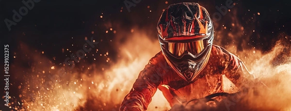 Obraz Dynamic Off-Road Motorcycle Rider Amidst Dusty and Fiery Backdrop
