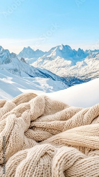 Fototapeta Cozy knitted blanket rests against backdrop of snow covered mountains under a clear blue sky. Peaks stretch into distance. Winter scene with soft texture.