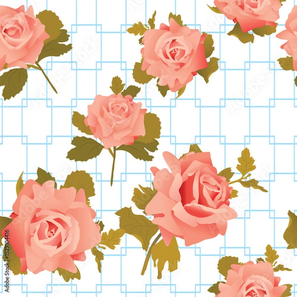 Fototapeta Seamless pattern of vector pink roses on a white background with gold chains is perfect for elegant fabric, wallpaper and stationery designs.