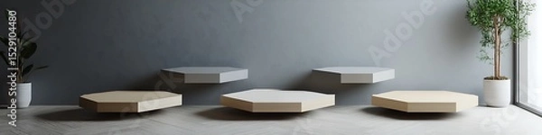 Fototapeta Floating 3D hexagon platforms with neutral tones and minimal tech product