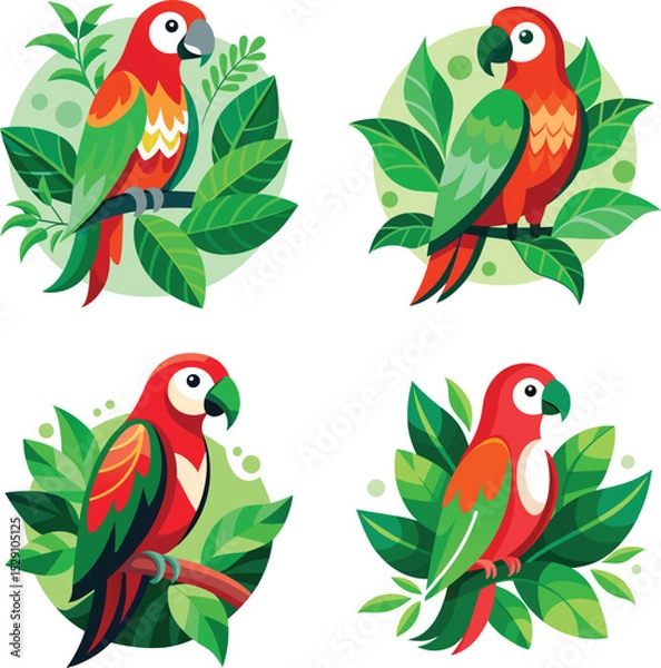 Obraz  colorful parrots on green leaves
