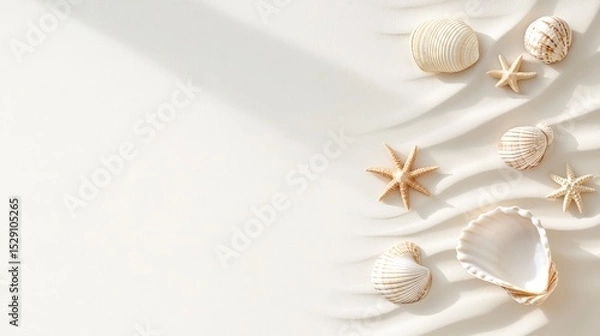 Obraz Seashells and starfish lying on white sand creating wave patterns with soft shadows ideal as background for summer time advertisement
