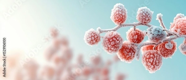Fototapeta Red berries branch covered with frost against pale blue sky. Winter scene with frozen fruit on tree. Christmas background with icy plant detail.
