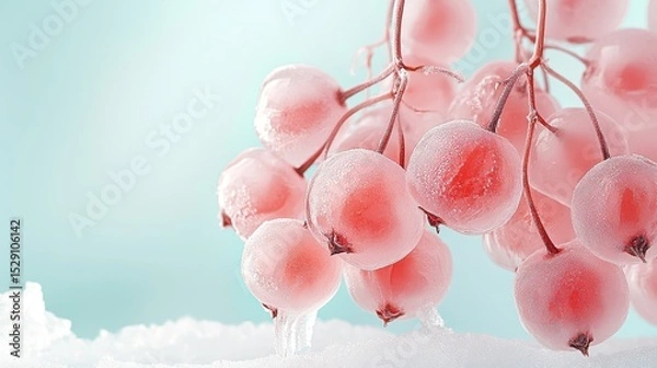 Fototapeta Red berries covered with ice crystals on snowy surface. Light blue background. Winter nature scene. Frozen fruit branch with icicles.