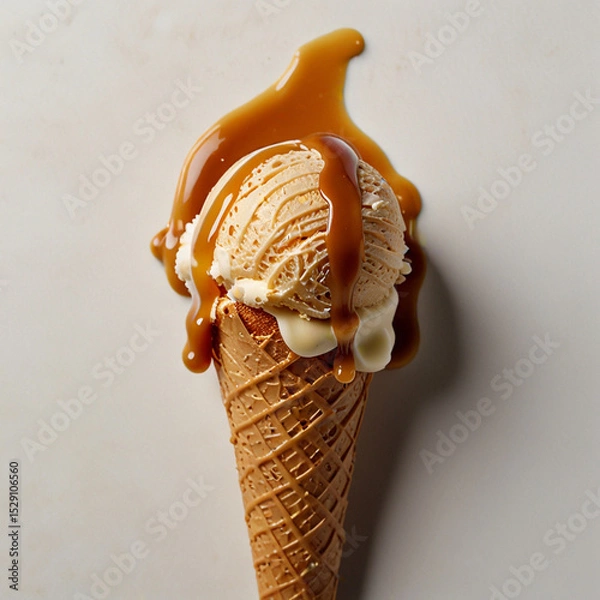 Fototapeta A scoop of creamy caramel ice cream with caramel sauce