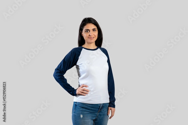 Fototapeta Mockup of awhite sweatshirt on a woman with white background.