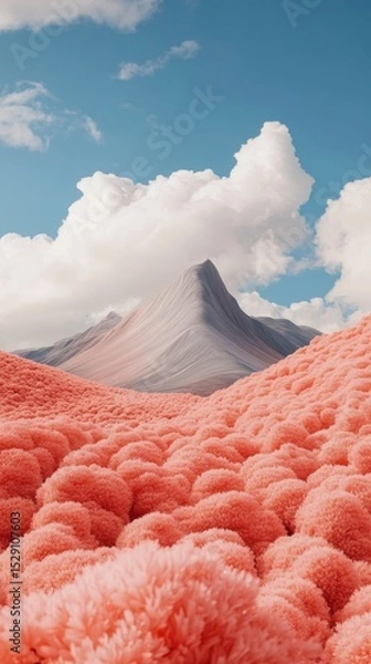 Fototapeta Landscape view of fluffy pink plants in a valley, with mountains and a blue sky with white clouds behind.