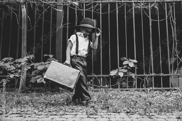 Fototapeta A boy dressed in the style of the 20s dances on the street holding the brim of his hat with a suitcase in his hand