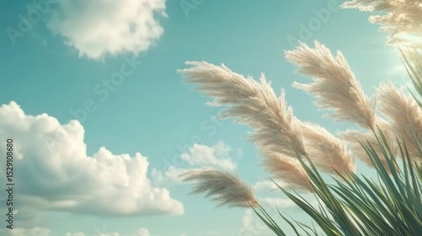 Fototapeta Tall grass sways gently against blue sky. White fluffy clouds float above in soft sunlight. Natural scene creates tranquil atmosphere on breezy day.