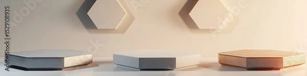 Obraz Floating 3D hexagon platforms with neutral tones and minimal tech product