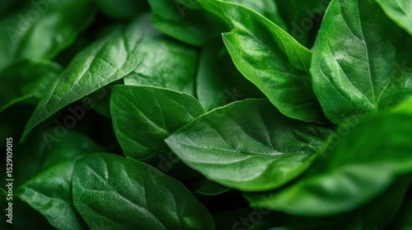 Fototapeta A vivid close-up of fresh basil leaves showcases their vibrant green texture and rich color, emphasizing their aromatic qualities and natural beauty in culinary applications.