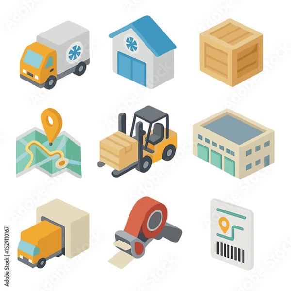 Obraz Food Logistics Icons. Isometric Flat icon set of Food Distribution Logistics: delivery truck, cold storage warehouse, packing