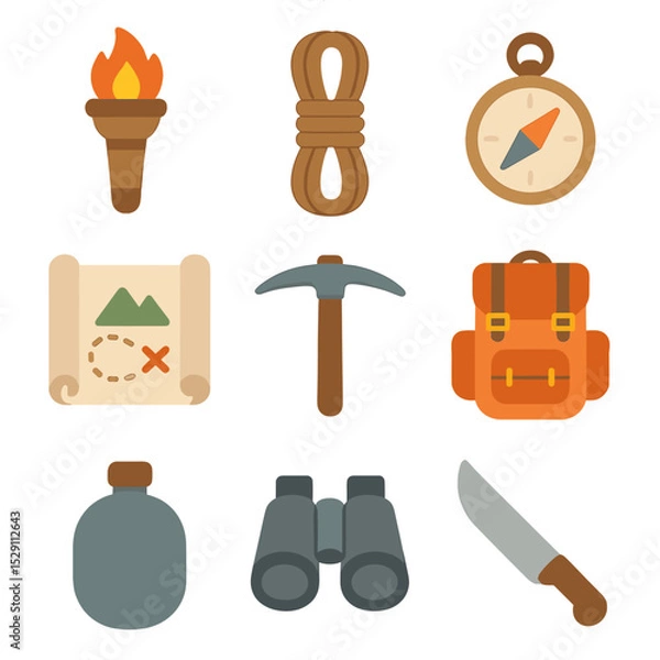 Obraz Exploration Gear Icons. Flat icon set of exploration gear: torch, rope coil, compass, map scroll, pickaxe, backpack, water flask,