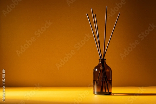 Fototapeta Fragrance Diffuser Bottle with Aroma Sticks on Yellow Background in Minimalist Interior Scene