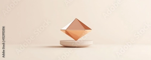 Fototapeta Floating copper prism stand with product centered in minimal cream background