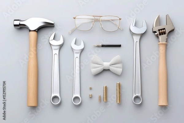 Obraz Creative Dad-Themed Vector Composition With Tools, Glasses, and a Bow Tie for DIY Projects and Activities