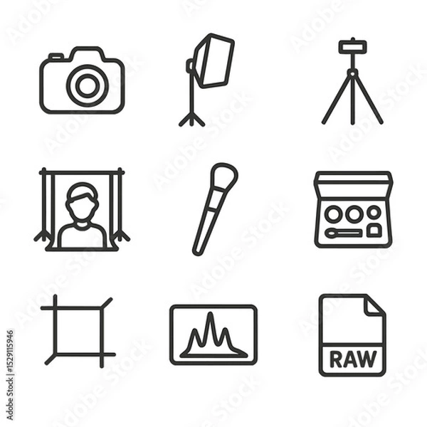 Fototapeta Photography Icon Set. Outline icon set of professional photo portrait: camera, lighting softbox, tripod, backdrop, retouch brush,