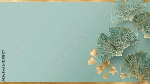 Fototapeta Ginkgo leaves on a light blue background with gold accents simple elegant design.