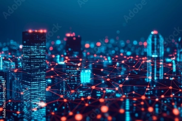 Fototapeta A futuristic cityscape at night, illuminated with neon lights and interconnected by a glowing digital network overlay.