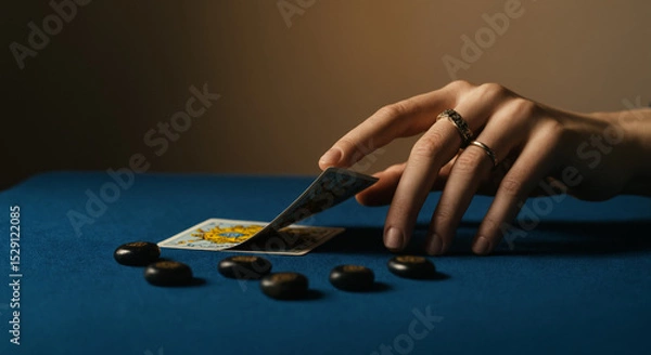 Obraz Hand flipping tarot card on blue table with black stones