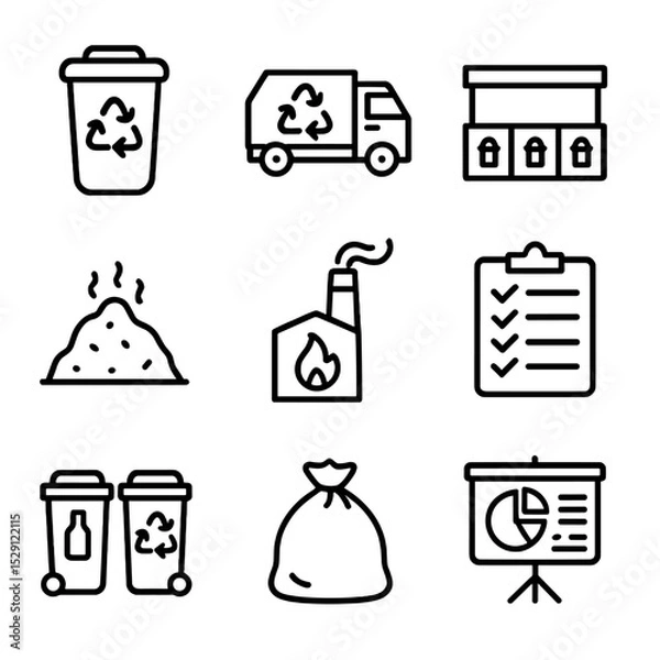 Obraz Packaging Waste Icons. Outline icon set of packaging waste management: waste bin, recycling truck, sorting station, landfill mound