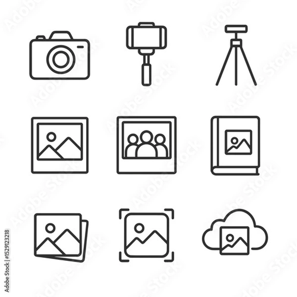 Fototapeta Photography Icon Set. Outline icon set of photography and memories: camera, selfie stick, tripod, photo frame, group portrait,