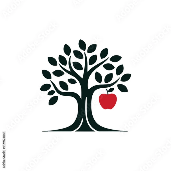 Fototapeta A stylized tree with numerous black leaves stands prominently, featuring a single red apple hanging from one branc