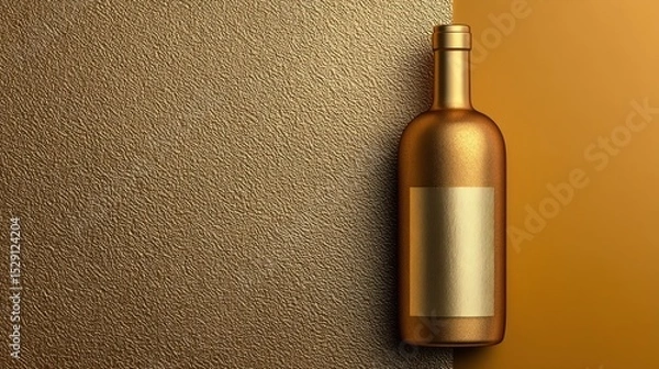Fototapeta Golden bottle with blank label stands against a two-tone background.
