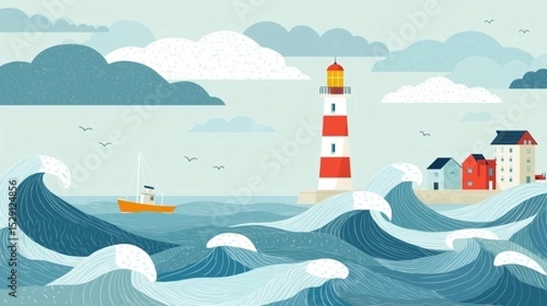 Fototapeta Waves crash energetically against the shore near a red and white lighthouse, surrounded by quaint houses and a small sailboat navigating the waters, evoking coastal tranquility