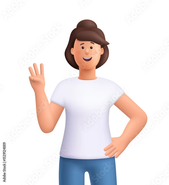 Obraz Young smiling woman Jane showing a three fingers gesture, number three. 3d vector people character. Cartoon minimal style.