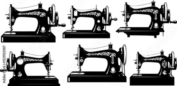 Obraz A Silhouette Pattern of Six Vintage Sewing Machines on a White Background
