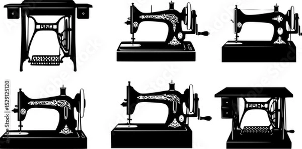 Obraz A Silhouette Pattern of Six Vintage Sewing Machines on a White Background
