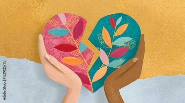 Fototapeta A vibrant depiction of a broken heart held by two diverse hands. The heart is adorned with colorful leaves, symbolizing growth and hope amidst emotional turmoil and pain