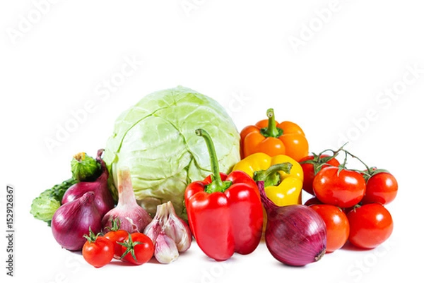 Fototapeta Mix of colorful vegetables - bell pepper, cabbage, tomatoes, cucumbers, onions and garlic. Isolated on white.