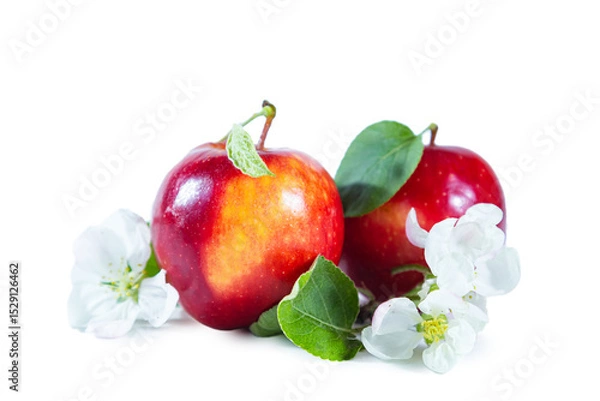Fototapeta Red juicy apples with flowers and leaves. Isolated on white background.