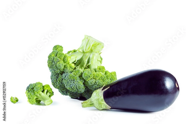 Fototapeta Fresh ripe broccoli and eggplant isolated on white background.