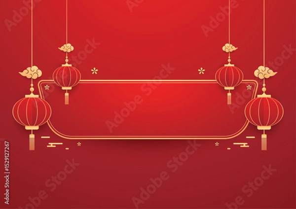 Fototapeta Happy Chinese new year 2026. Chinese new year banner for show product. Greeting card. China frame with lantern on red background.