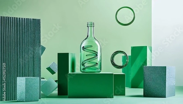 Fototapeta Floating glass bottle on green geometric product stand with spiral and cube elements