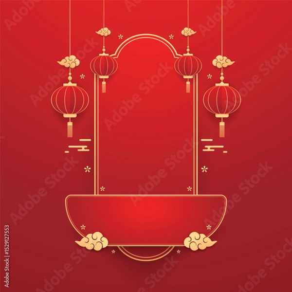 Fototapeta Happy Chinese new year 2026. Chinese new year banner for show product. Greeting card. China frame with lantern on red background.